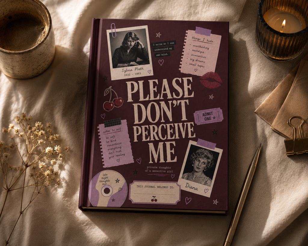 Personalized 'Please Don’t Perceive Me' journal by Printify, Sylvia Plath inspired hardcover notebook with aesthetic design.