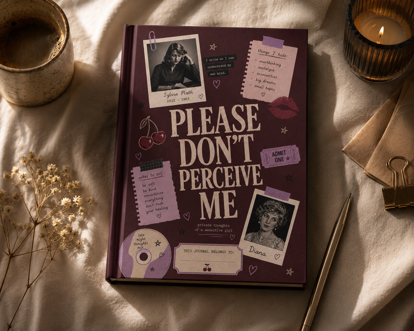 Personalized 'Please Don’t Perceive Me' journal by Printify, Sylvia Plath inspired hardcover notebook with aesthetic design.
