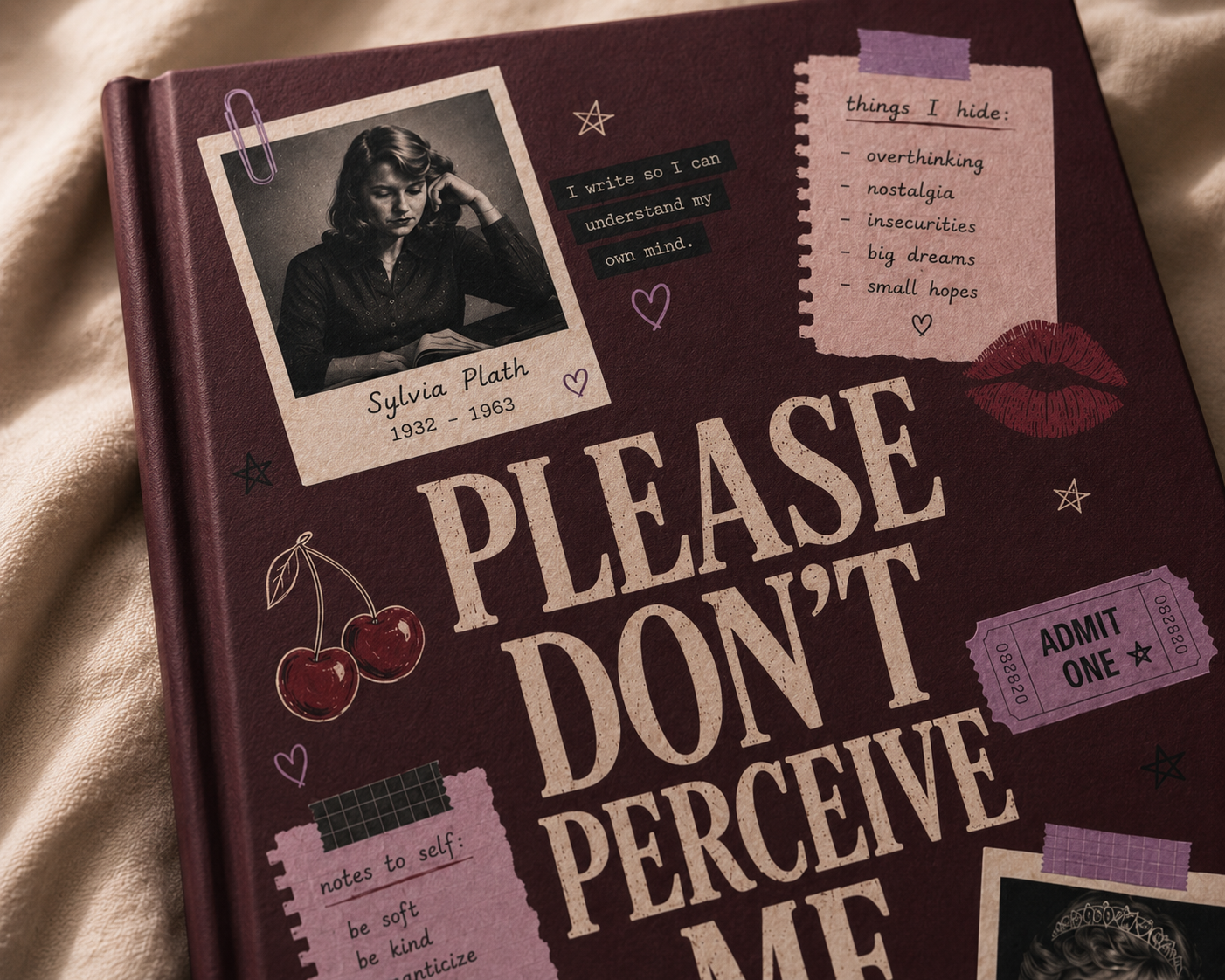 Personalized Sylvia Plath-inspired journal with "Please Don’t Perceive Me" cover, hardcover paper notebook for writing and journaling.