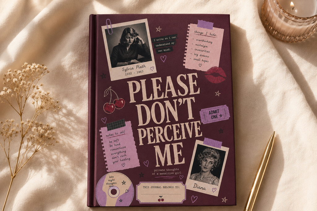 Personalized 'Please Don’t Perceive Me' journal with Sylvia Plath-inspired cover, hardcover notebook for writing, Y2K Tumblr aesthetic.