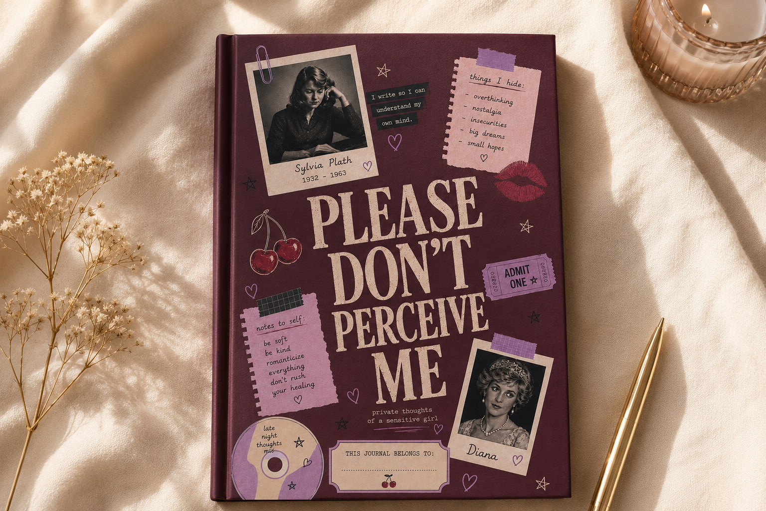 Personalized 'Please Don’t Perceive Me' journal with Sylvia Plath-inspired cover, hardcover notebook for writing, Y2K Tumblr aesthetic.