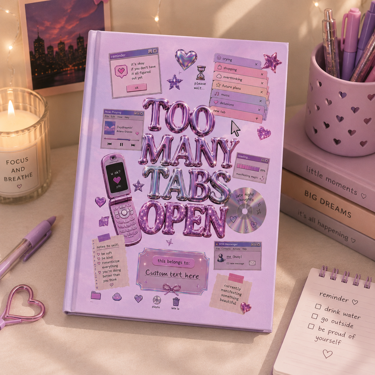 Pink retro journal titled "Too Many Tabs Open" featuring Y2K internet girl aesthetic, personalized notebook for paper journaling.
