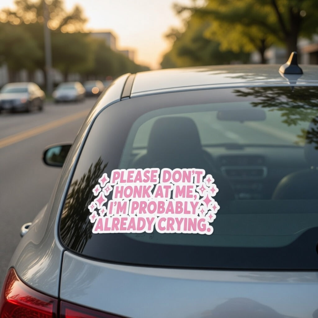 'Please Don’t Honk At Me I’m Probably Already Crying' Funny Car Sticker — Vinyl Decal
