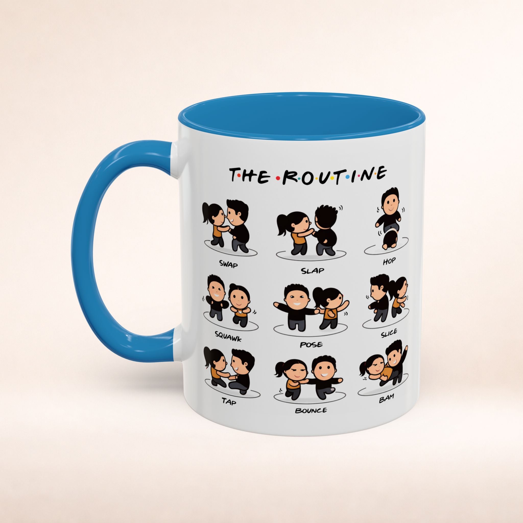 Friends-inspired funny "The Routine" accent coffee mug by Printify featuring a humorous design on a ceramic mug.