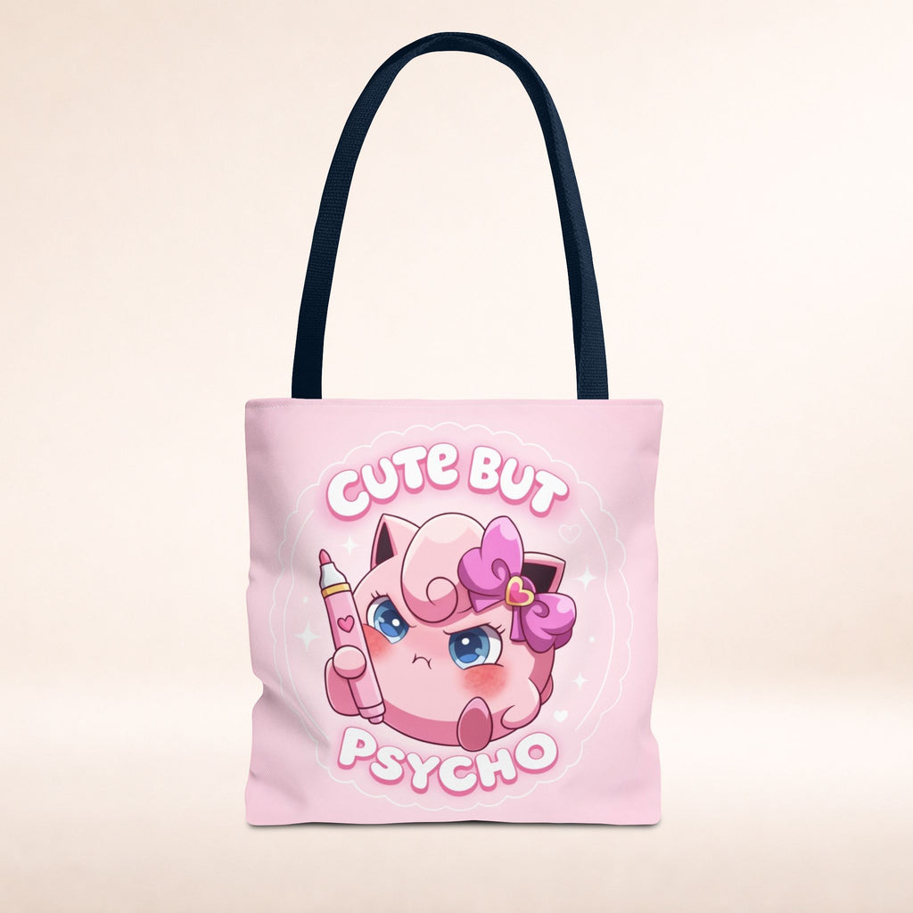 Pink "Cute But Psycho" tote bag by Printify, featuring kawaii-style design and spacious shopping bag for casual use.