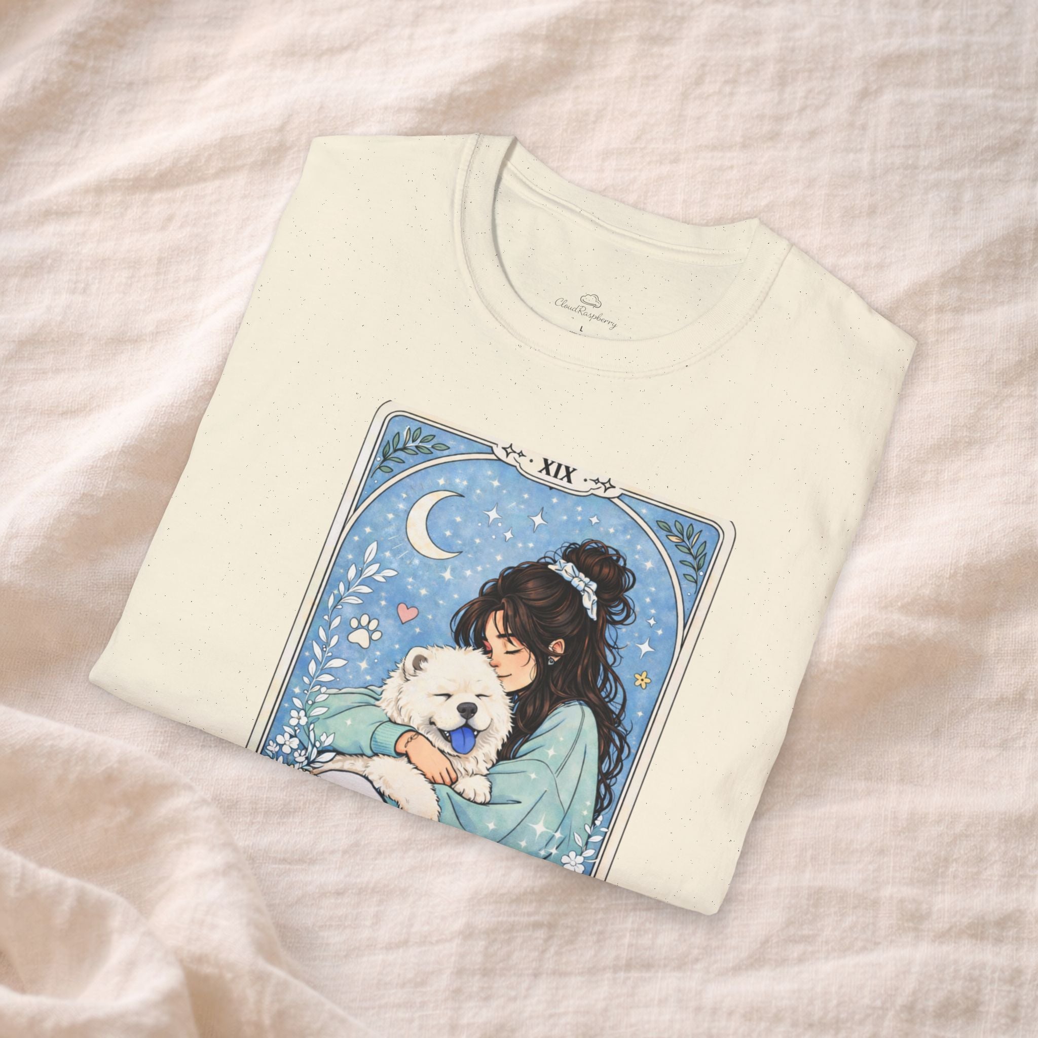 Personalized Chow Chow Mom tarot card T-shirt with custom dog mom name, featuring a cartoon Chow Chow illustration.