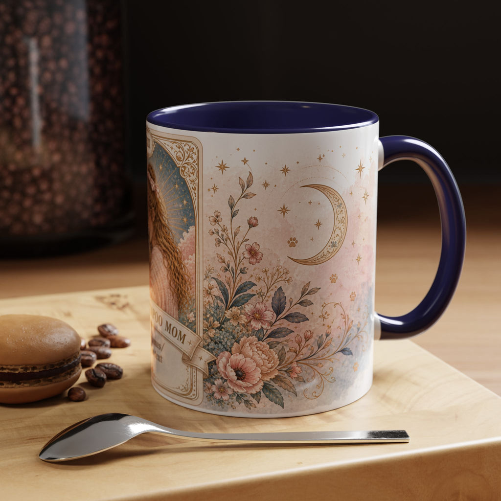 Personalized floral tarot-style Dog Mom coffee mug with "The Cockapoo Mom" text, 11oz ceramic custom accent mug.