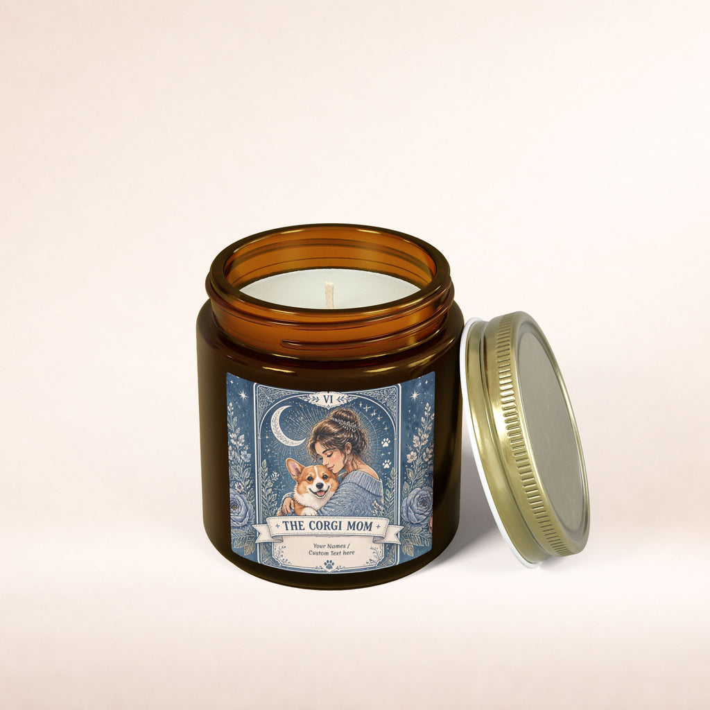 Personalized Tarot 'The Corgi Mom' scented candle with coconut apricot wax, custom product from Printify.
