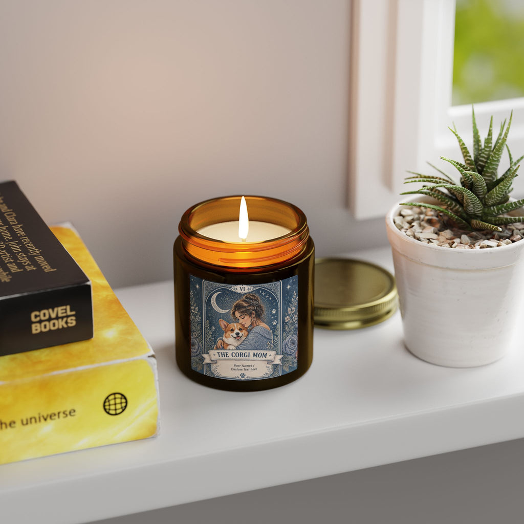 Personalized Corgi Mom scented candle with coconut apricot wax, custom label featuring tarot-themed design and warm glow.