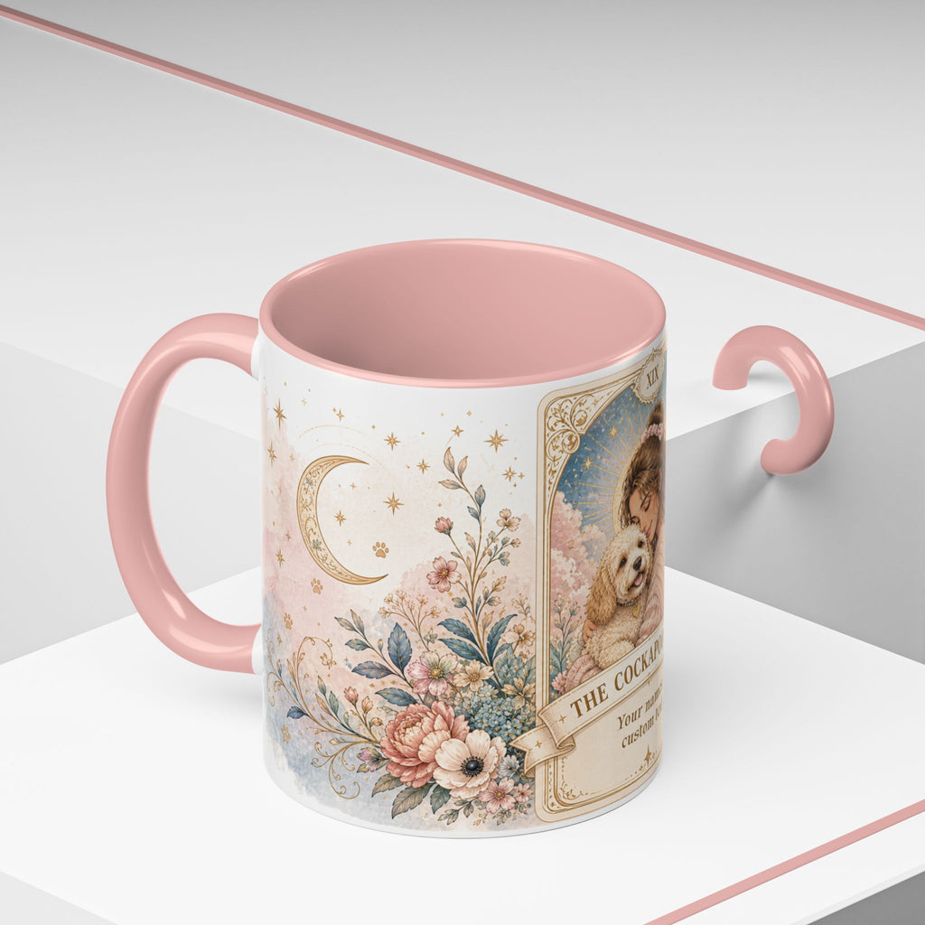 Personalized 'The Cockapoo Mom' floral tarot-style dog mom coffee mug, custom 11oz ceramic cup with dog-themed design.