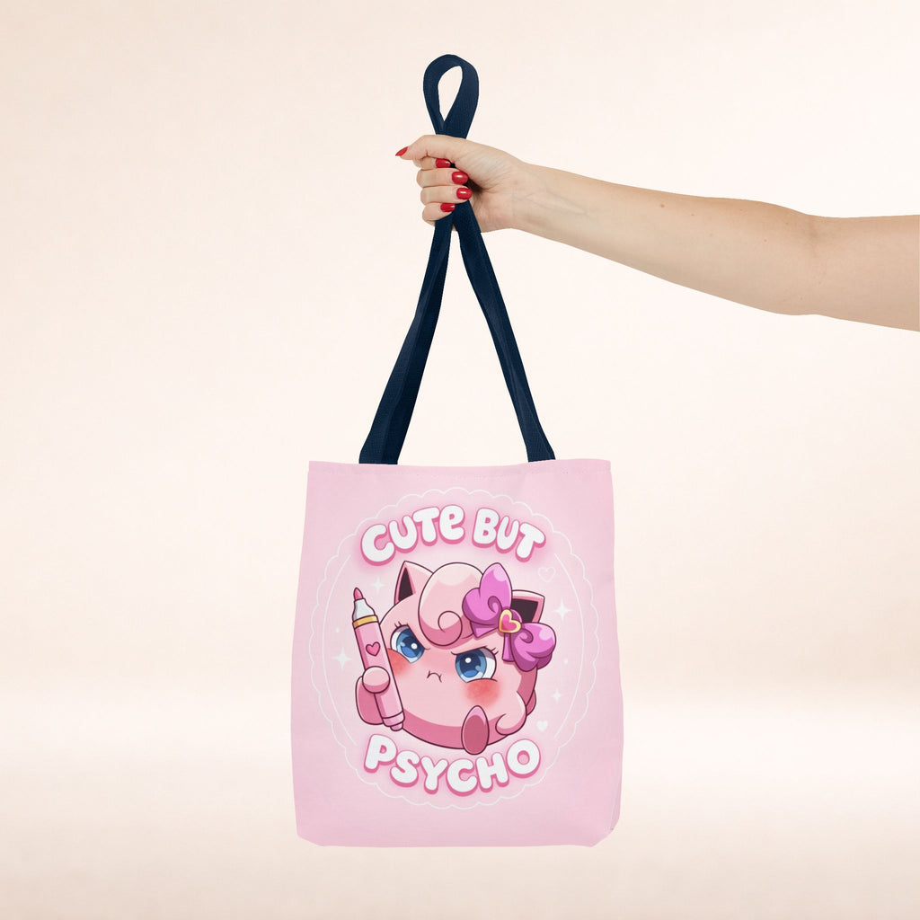 Pink "Cute But Psycho" tote bag by Printify featuring kawaii-style design and spacious shopper style bag.