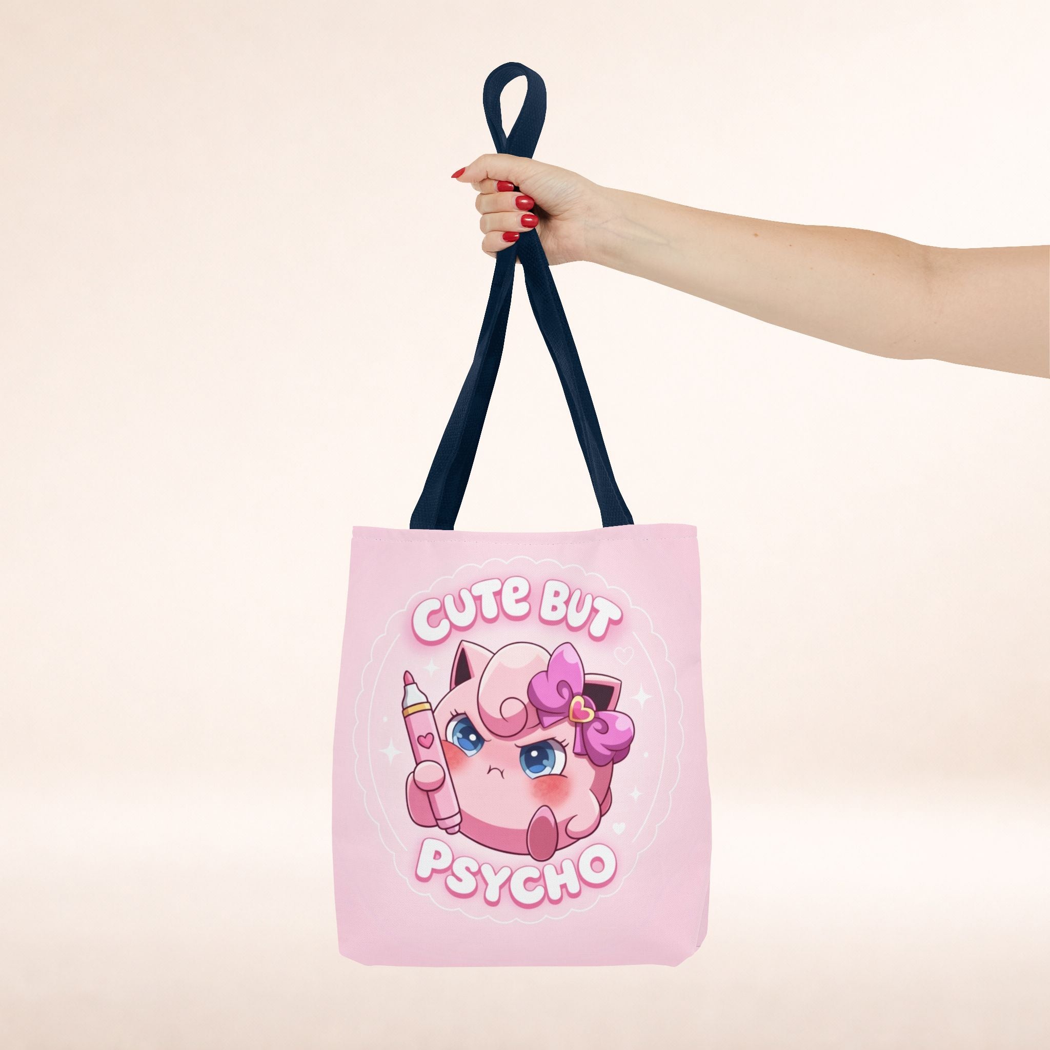 Pink "Cute But Psycho" tote bag by Printify featuring kawaii-style design and spacious shopper style bag.