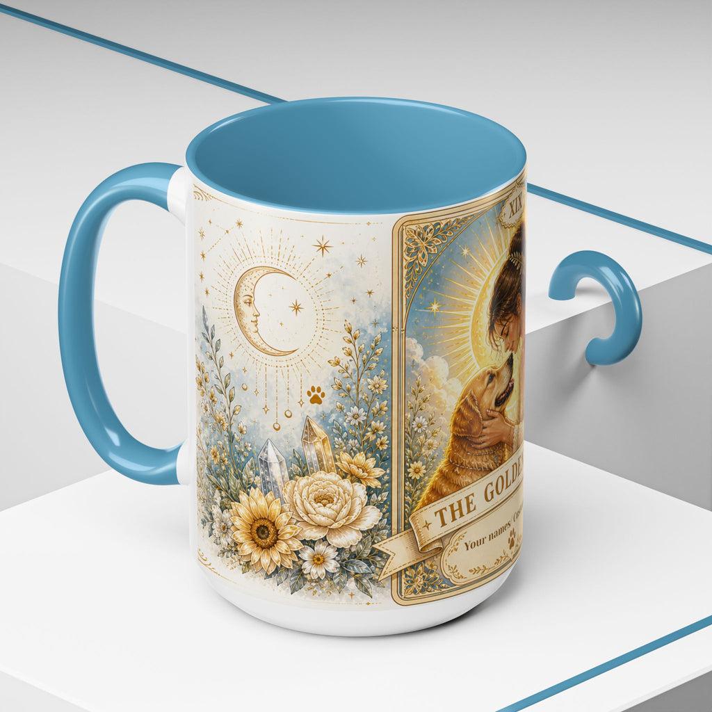 Personalized "The Golden Mom" tarot card coffee mug with dog illustration, perfect for dog mom gift, by Printify.