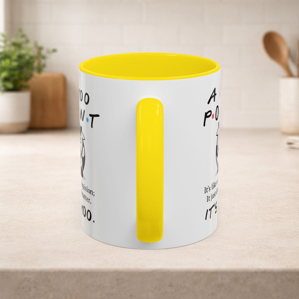 Friends Moo Point Mug featuring a humorous cow design, perfect for coffee or tea lovers.