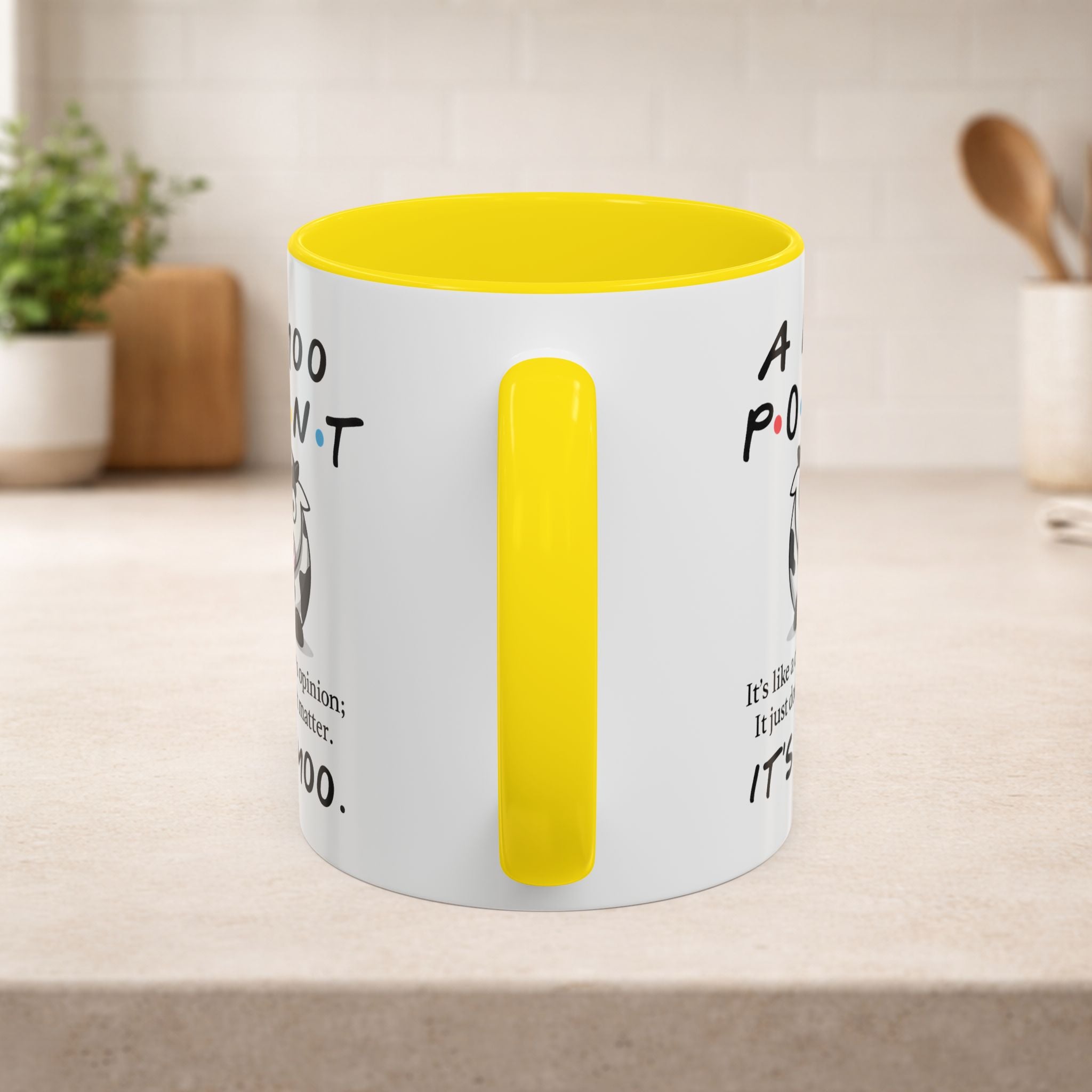 Friends Moo Point Mug featuring a humorous cow design, perfect for coffee or tea lovers.