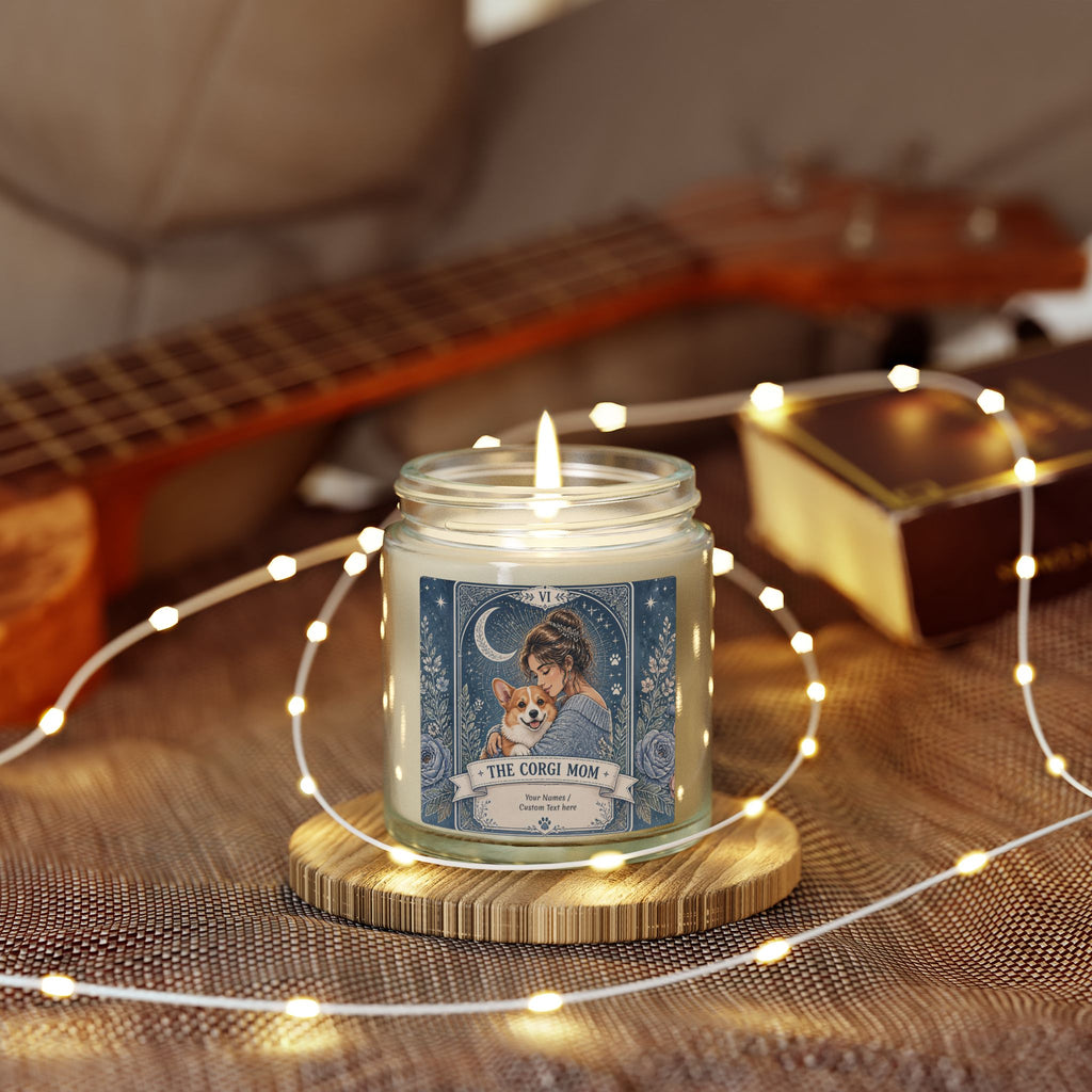 Personalized Corgi Mom scented candle with coconut apricot wax, featuring custom label design for a cozy, decorative touch.