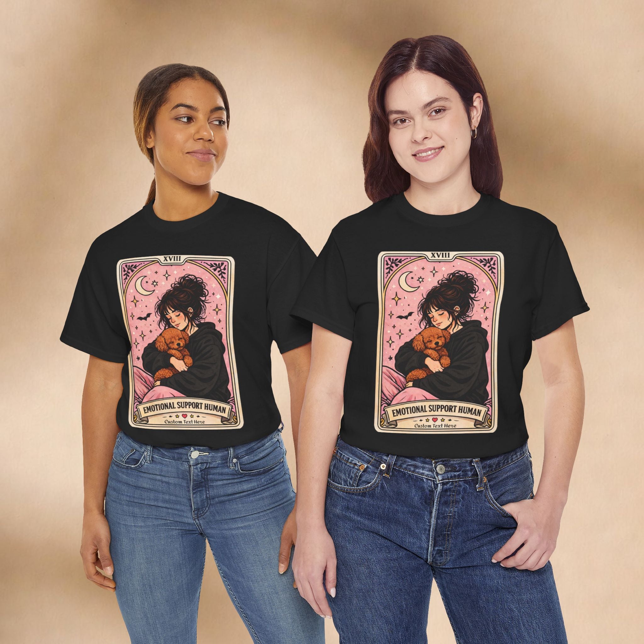 Personalized emotional support T-shirt featuring a funny dog mom tarot design, perfect for poodle lovers and anxiety comfort.
