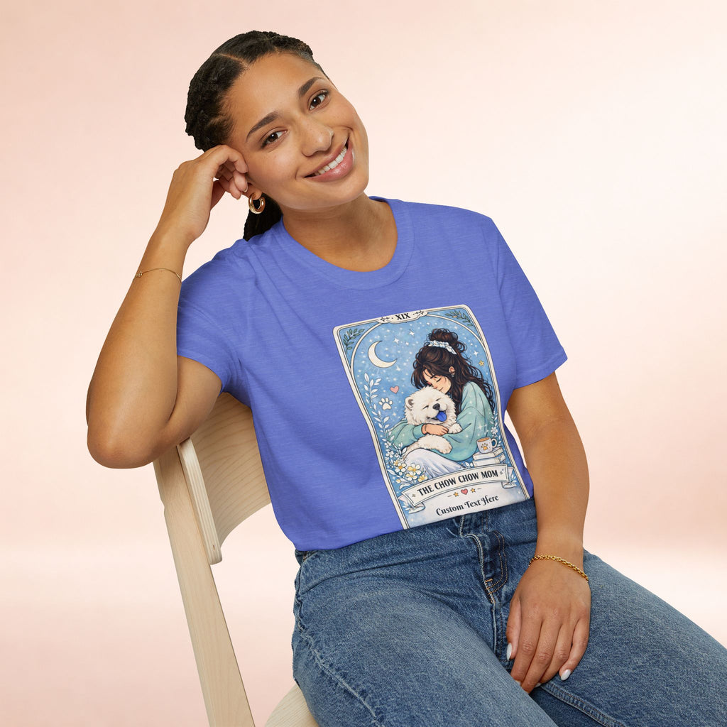 Personalized Chow Chow Mom T-shirt with custom name, featuring a dog lover design and tarot card style graphic.