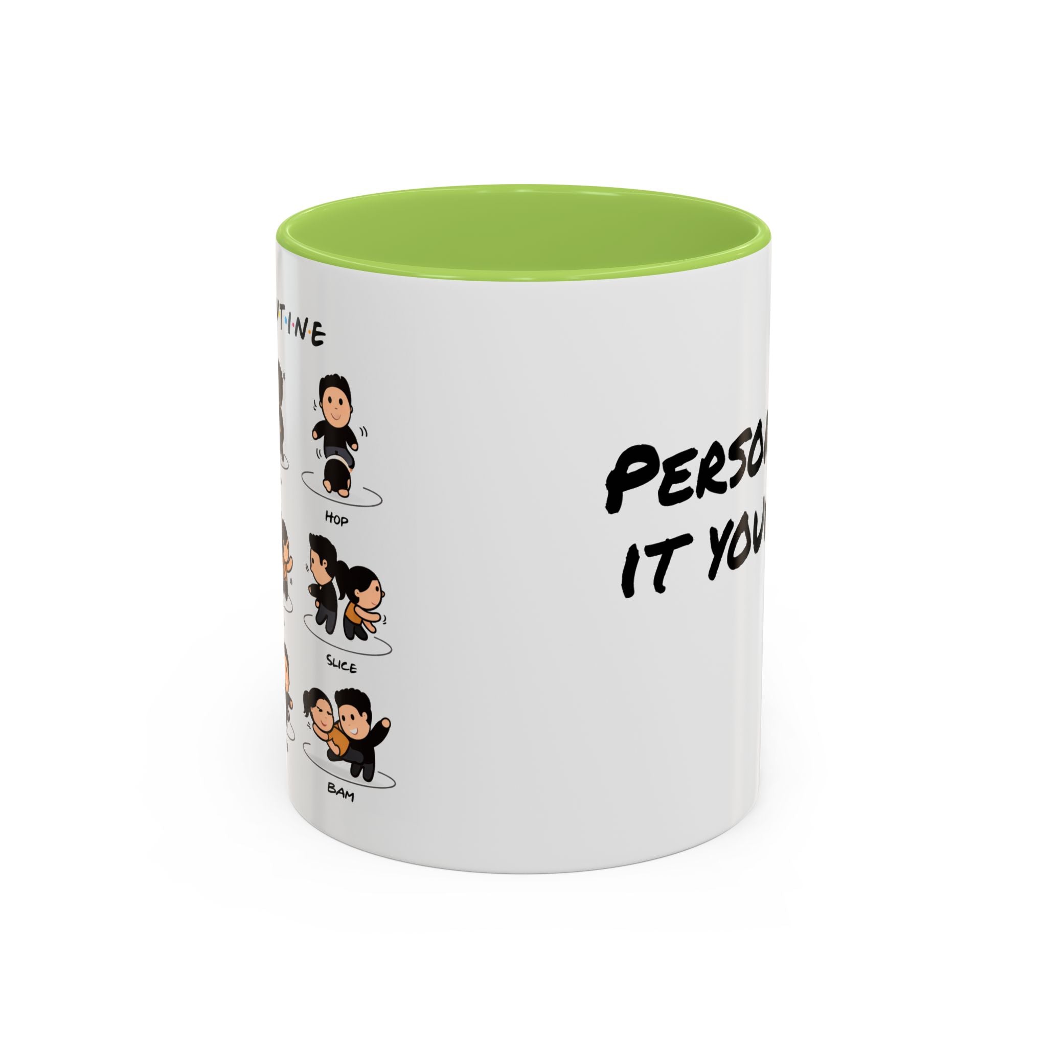 Friends-inspired funny 'The Routine' accent coffee mug by Printify, featuring a humorous design on a ceramic mug.