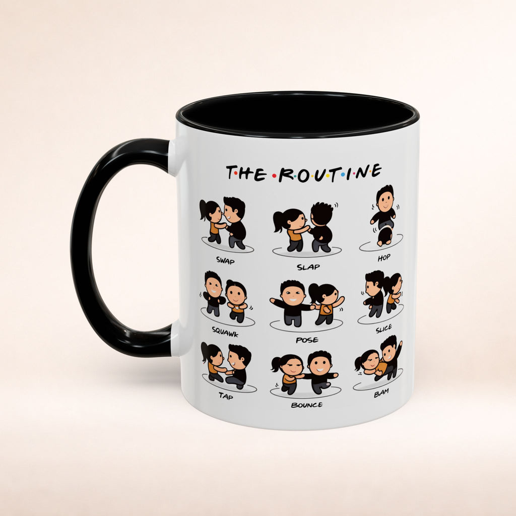 Friends-inspired funny "The Routine" accent coffee mug by Printify featuring a humorous quote and a classic mug shape.
