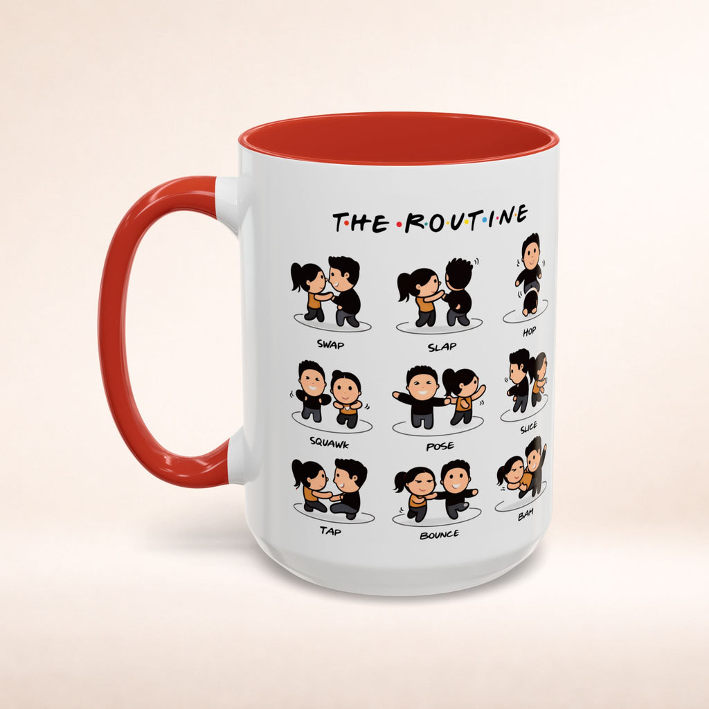 Friends-inspired funny "The Routine" accent coffee mug by Printify, featuring a humorous quote and vibrant design.