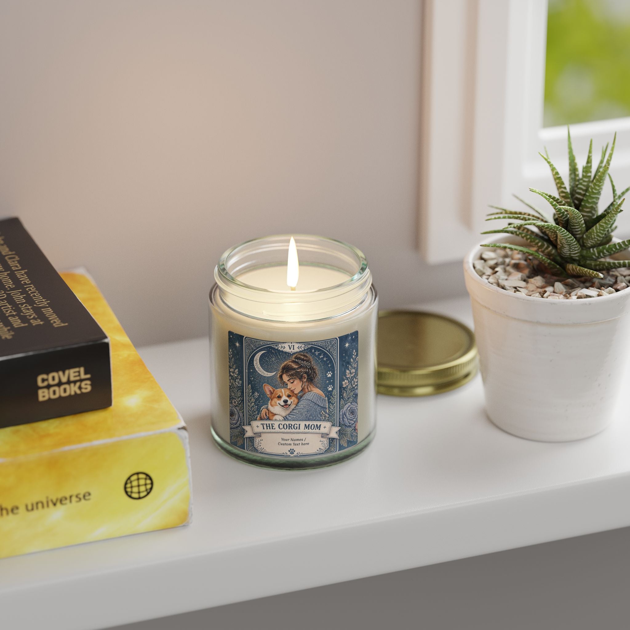 Personalized Corgi Mom scented candle with coconut apricot wax, featuring custom label and adorable dog illustration.