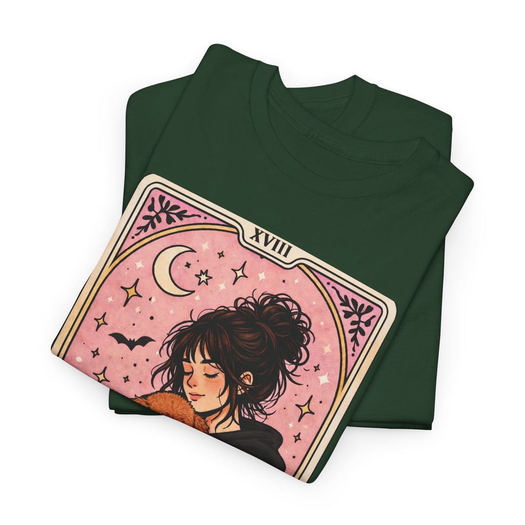 Personalized emotional support T-shirt featuring a funny dog mom tarot design, perfect for poodle moms and anxiety comfort.