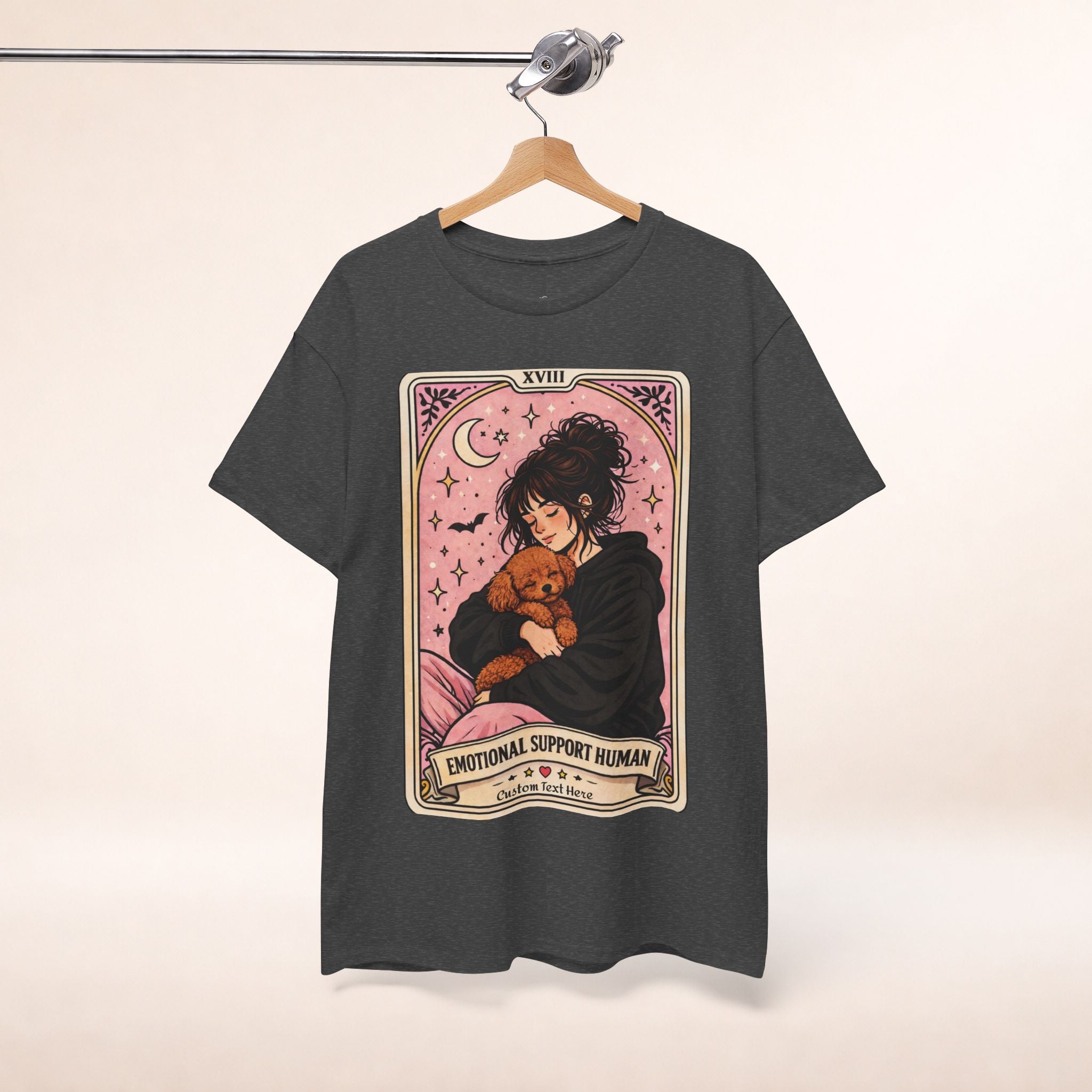 Personalized emotional support T-shirt featuring a funny dog mom tarot design, perfect for poodle moms and anxiety comfort.