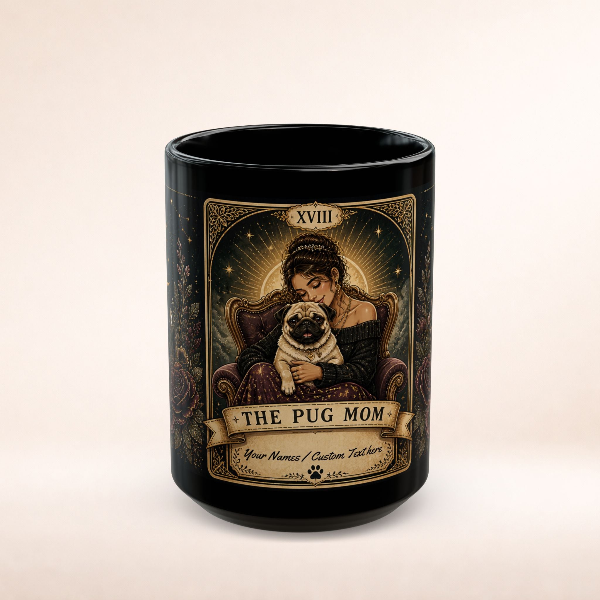 Personalized 'The Pug Mom' vintage tarot-style black ceramic mug, custom black coffee cup with pug-themed design.