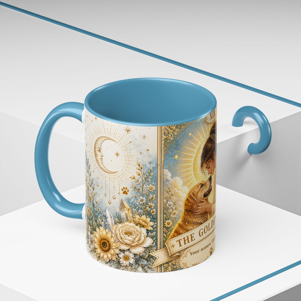 Personalized 'The Golden Mom' tarot card coffee mug featuring a cute dog mom design, ideal for dog lovers and gift-giving.