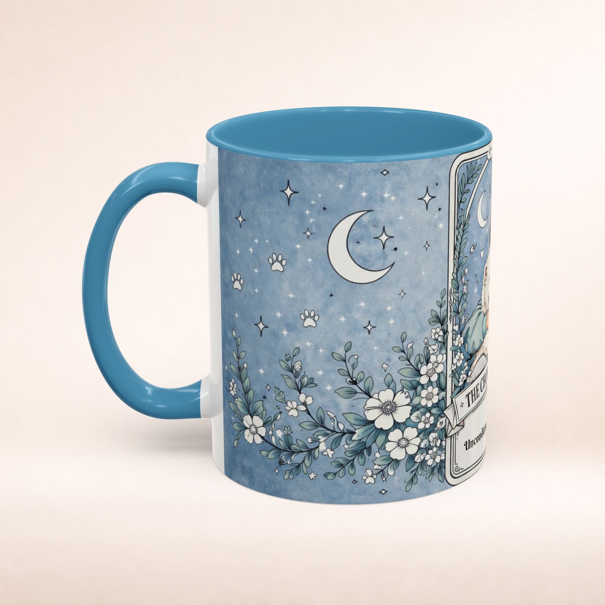 Personalized Chow Chow Mom tarot card mug with custom name, featuring a dog lover coffee cup design for Chow Chow enthusiasts.