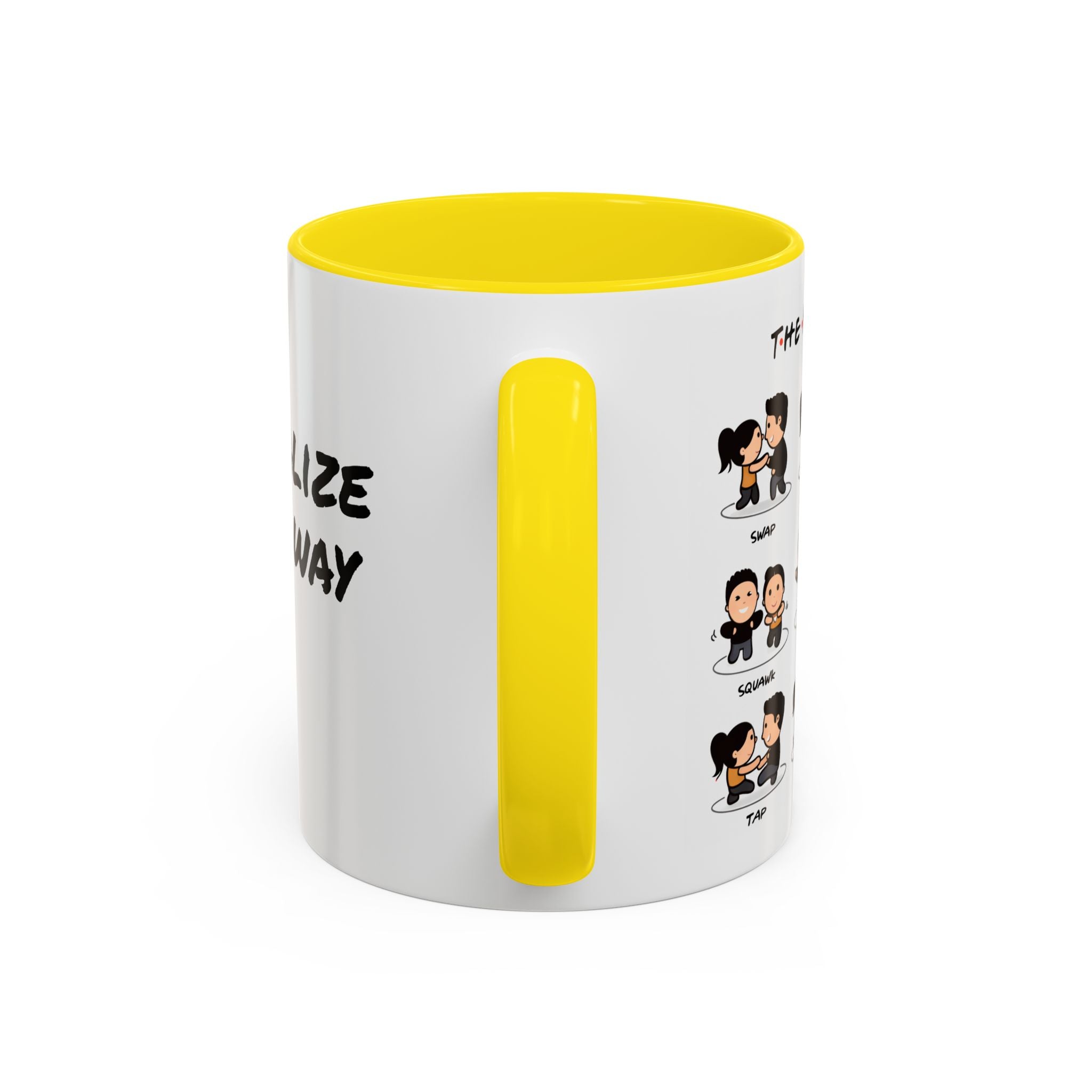 Friends-inspired funny "The Routine" accent coffee mug by Printify featuring a colorful design and humorous quote.