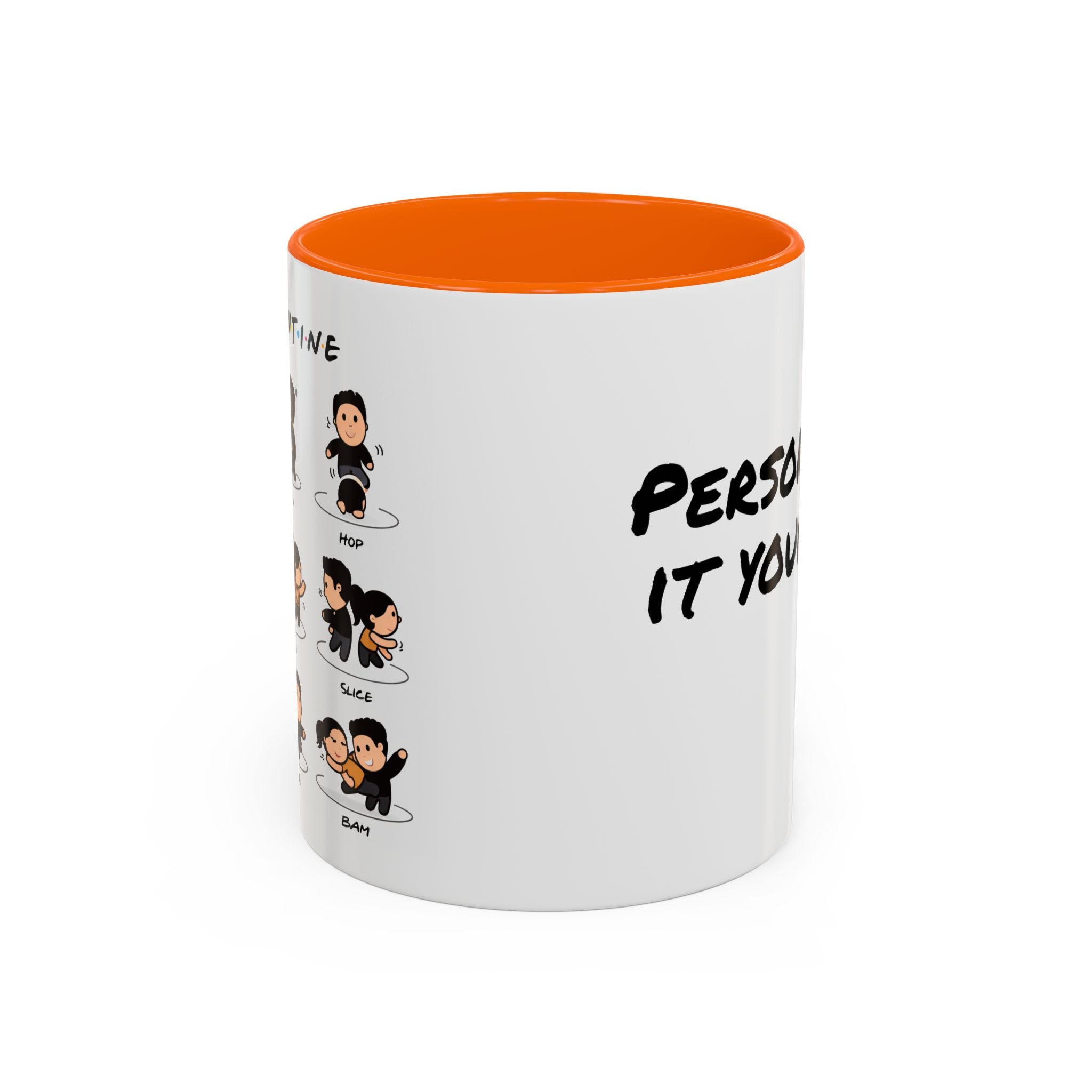 Friends-inspired funny "The Routine" ceramic coffee mug with colorful design, ideal for fans and humor enthusiasts.