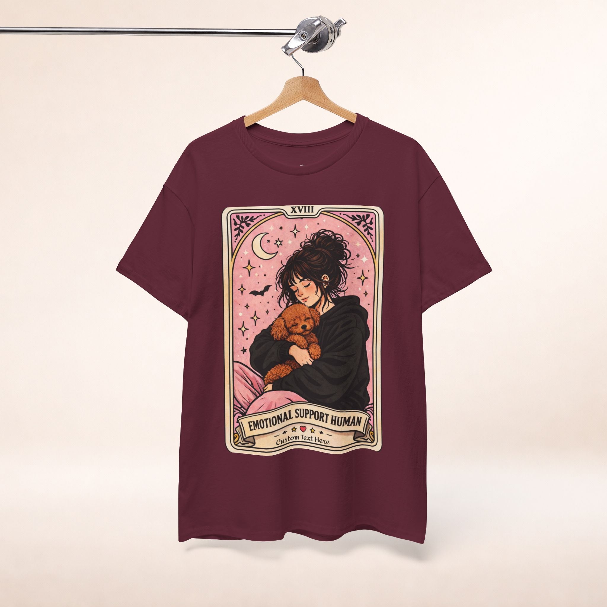 Personalized emotional support human T-shirt with funny dog mom tarot design, featuring a poodle and comforting humor.