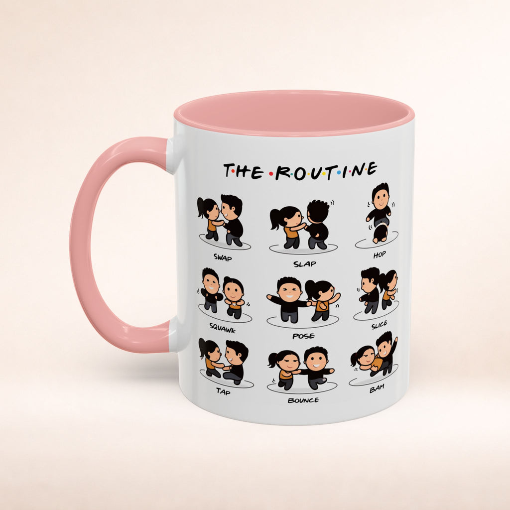 Friends-inspired funny "The Routine" accent coffee mug by Printify with a humorous quote and vibrant design.