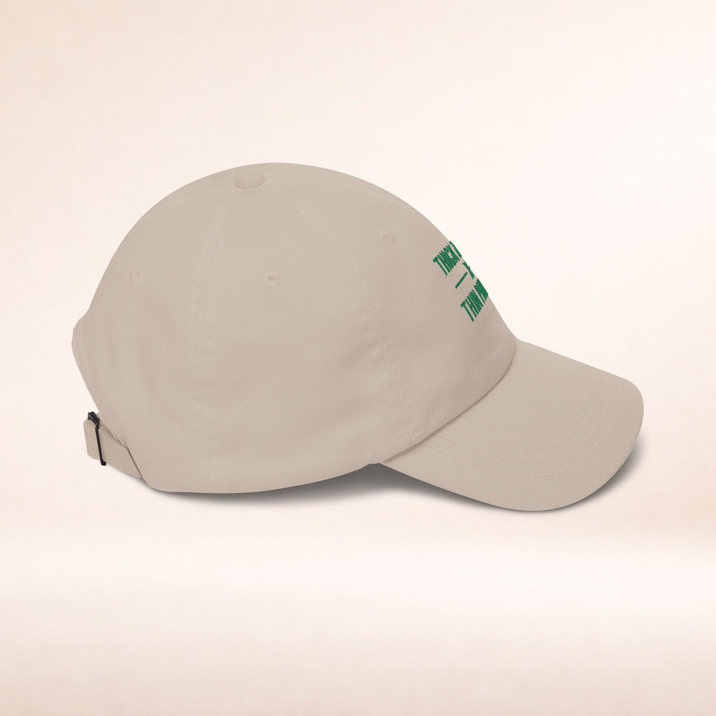 Cotton adjustable dad cap with embroidered "Thick Thighs x Thin Patience" slogan in black and white lettering.