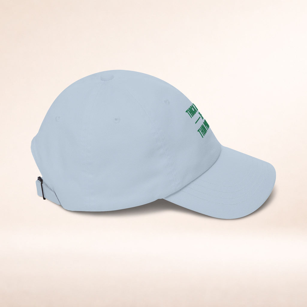Cotton adjustable dad hat with embroidered "Thick Thighs x Thin Patience" design, casual fashion accessory.