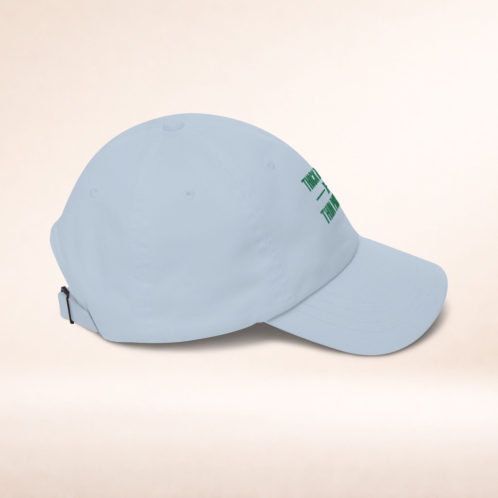 Cotton adjustable dad hat with embroidered "Thick Thighs x Thin Patience" design, casual fashion accessory.