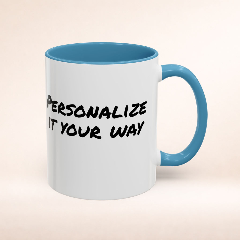 Friends-inspired funny "The Routine" accent coffee mug by Printify, featuring a humorous design and vibrant colors.