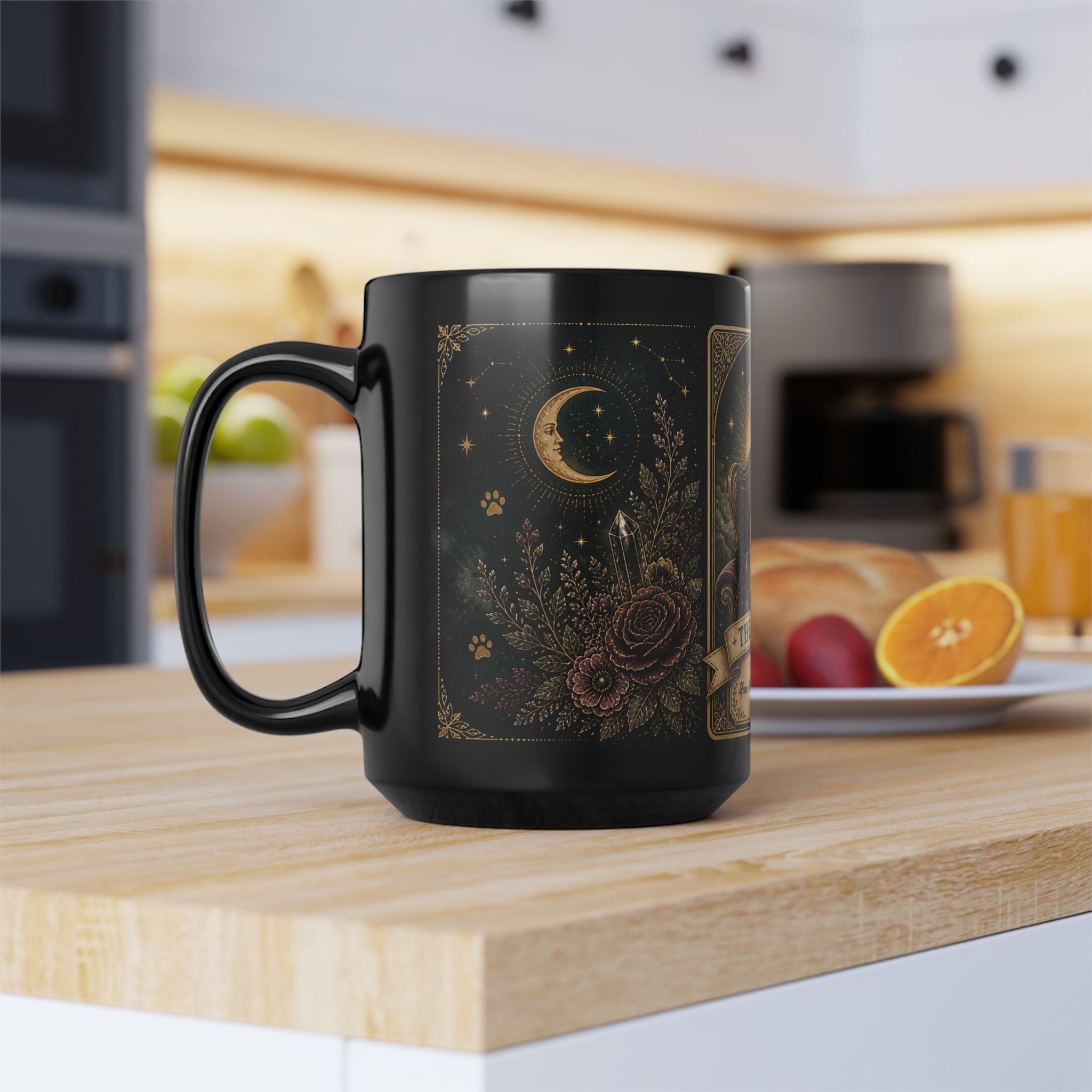Personalized 'The Pug Mom' vintage tarot-style black coffee mug with custom text, ideal for pug lovers and coffee enthusiasts.