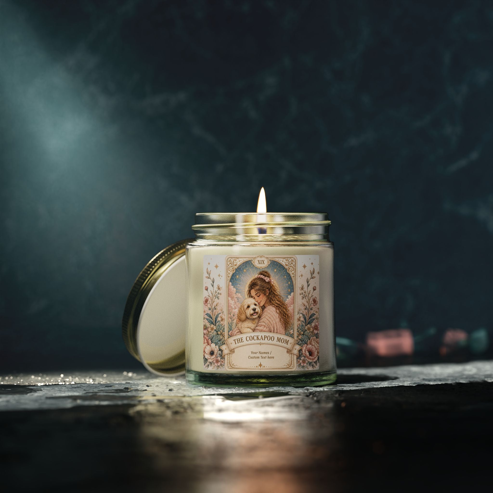 Personalized Tarot 'The Cockapoo Mom' scented candle by Printify, coconut apricot fragrance, in 4oz and 9oz sizes