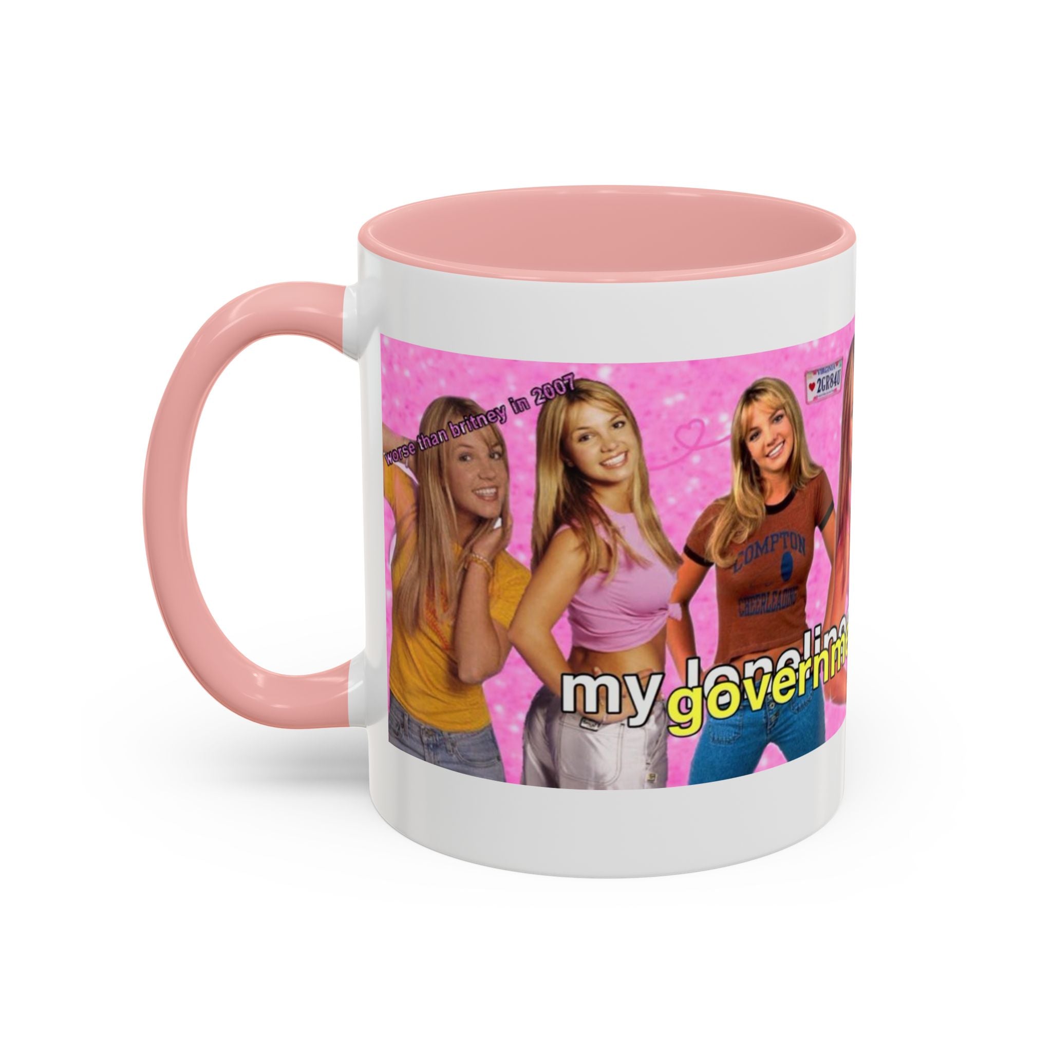Y2K Britney mug with "My Government is killing me" collage design, ceramic coffee mug featuring bold print and vibrant artwork.