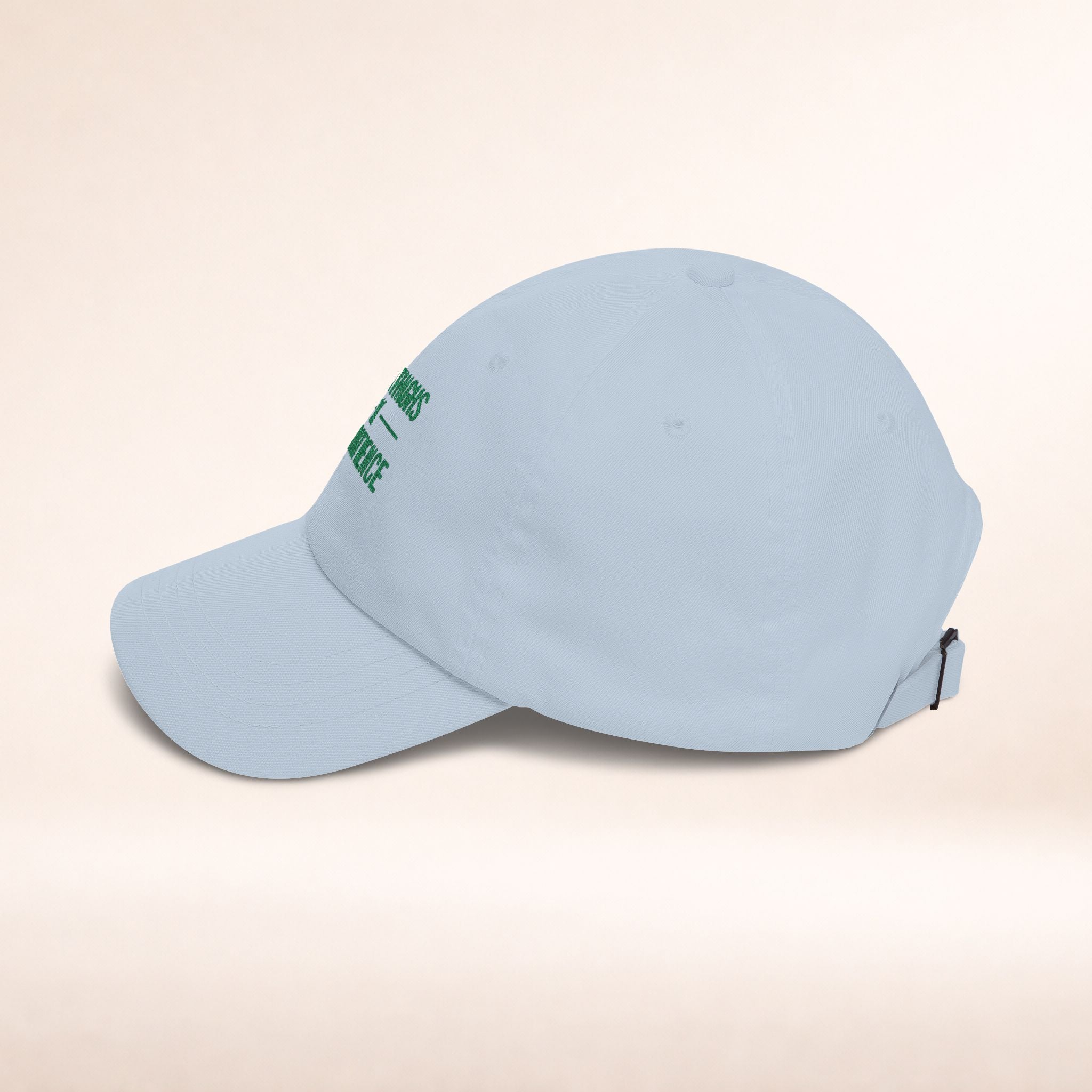 Cotton adjustable dad cap with embroidered "Thick Thighs x Thin Patience" slogan, featuring a classic baseball hat design.