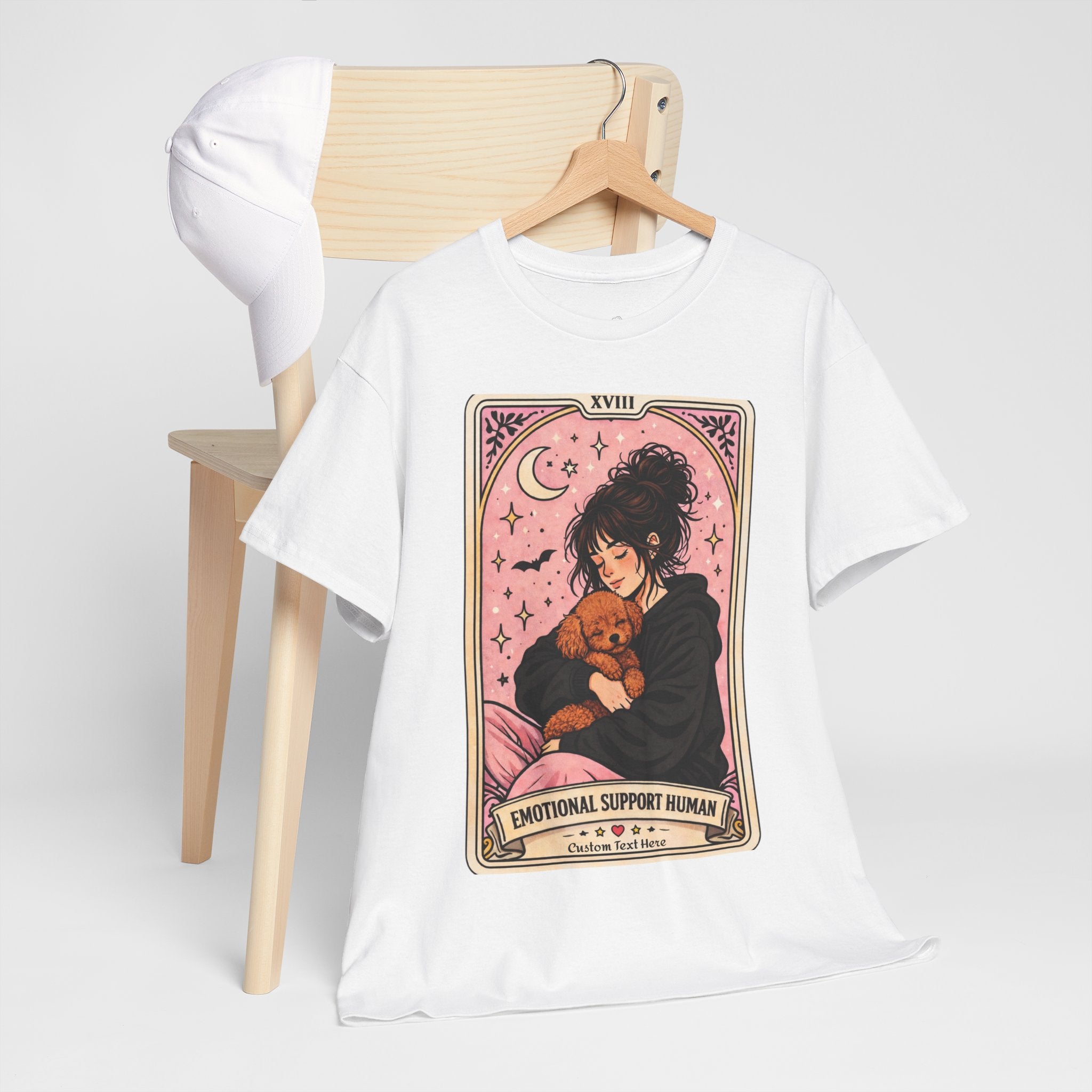 Personalized Emotional Support T-shirt featuring a funny dog mom tarot design, perfect for poodle moms and anxiety comfort.
