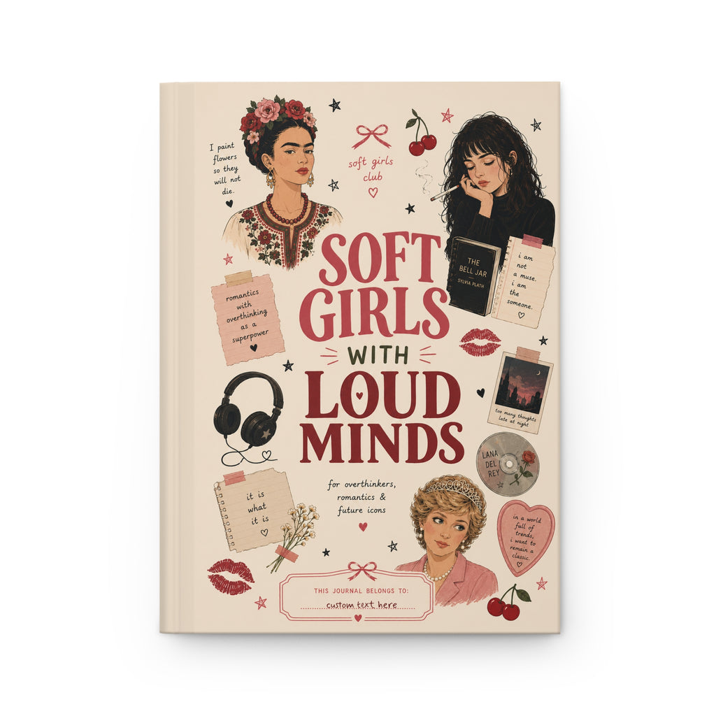 Personalized soft cover journal featuring Frida Kahlo, Sylvia Plath, and Princess Diana inspired designs for girls with loud minds.
