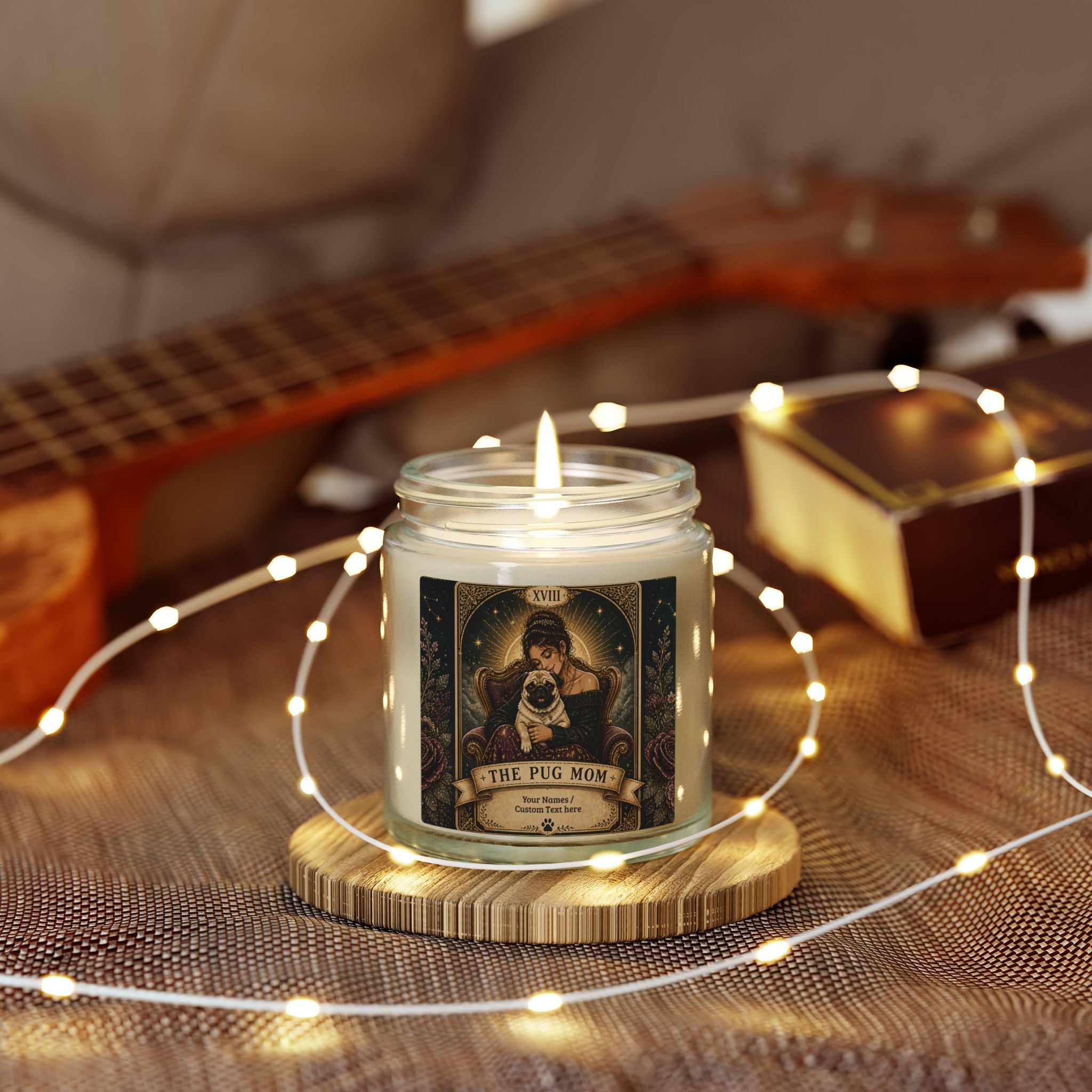 Tarot 'The Pug Mom' scented candle in coconut apricot scent, 4oz or 9oz, with custom tarot-themed packaging.