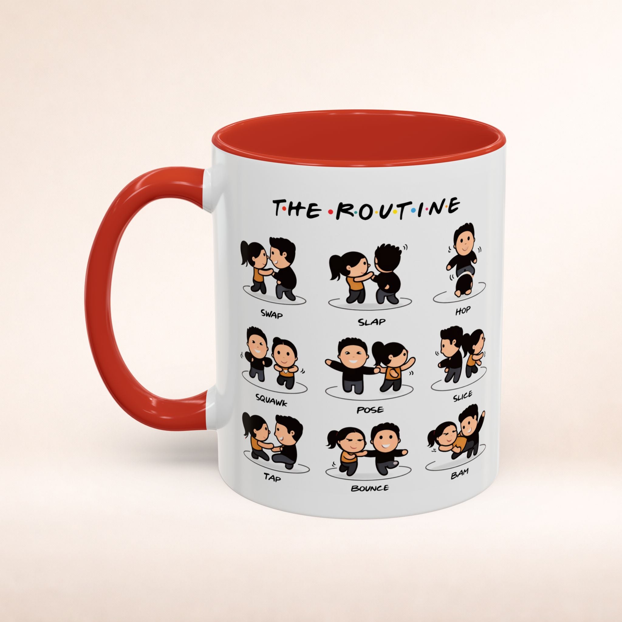Friends-inspired funny "The Routine" accent coffee mug with colorful design, perfect for fans of the TV show.