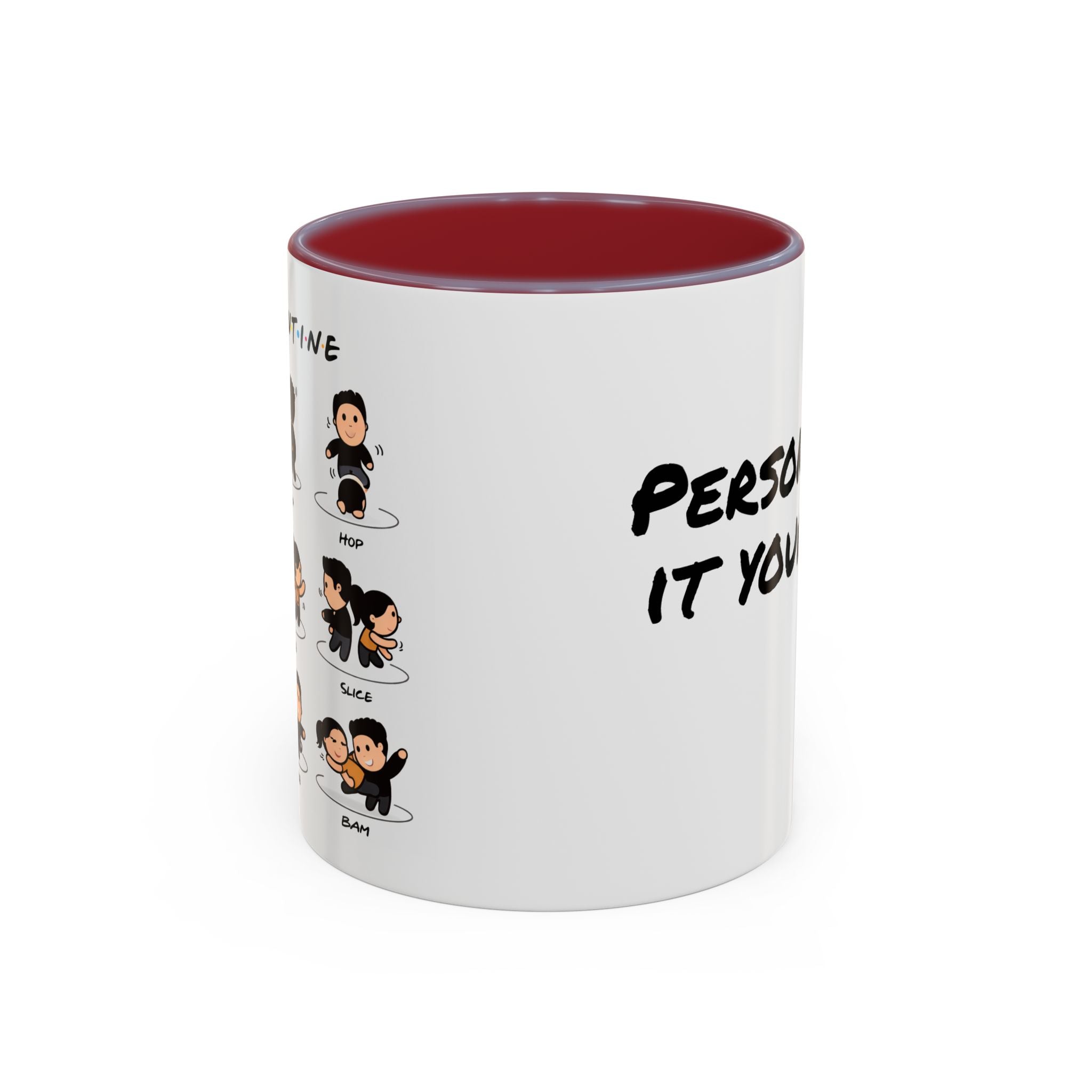 Friends-inspired funny "The Routine" accent coffee mug by Printify, featuring a humorous quote and a classic mug design.