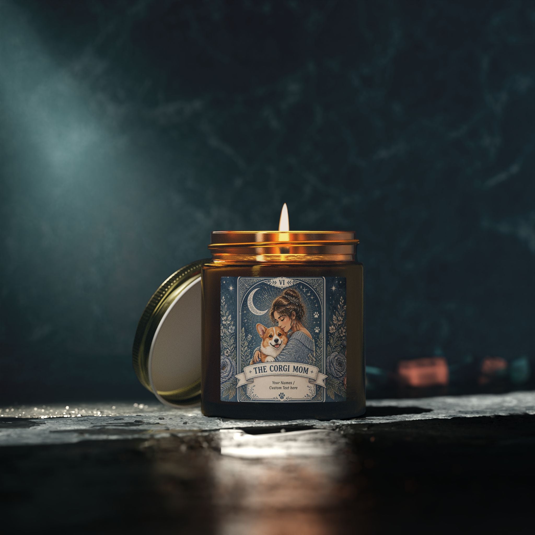 Personalized 'Tarot The Corgi Mom' scented candle with coconut apricot wax in a decorative jar.
