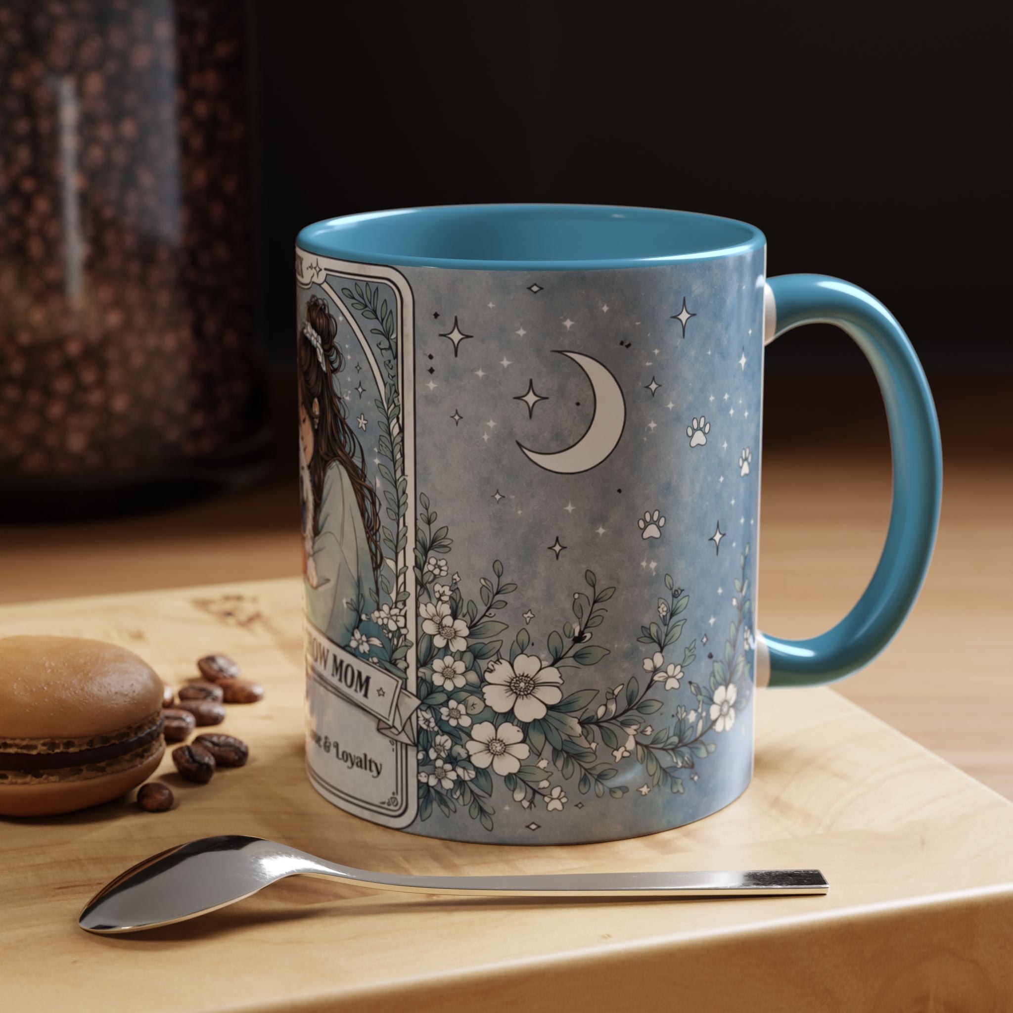 Personalized Chow Chow Mom tarot card mug with custom name, featuring a dog lover coffee mug design.